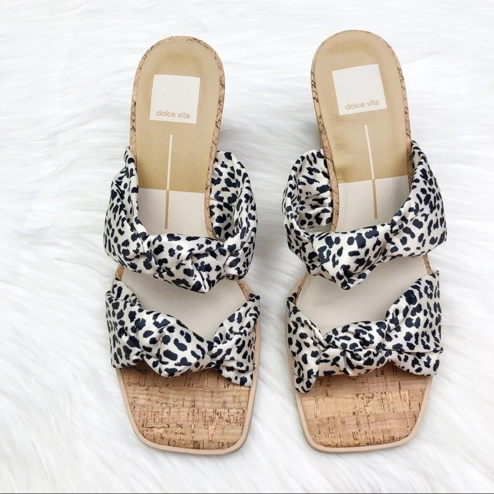 New Dolce Vita Naji Knotted Cork Wedge Mule in Leopard Satin